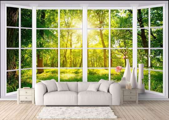 Фотообои - Белое окно с видом на зеленые деревья.
