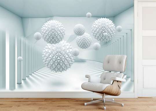 3D Wallpaper - White balls floating in the air in a room with white walls
