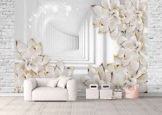 Фотообои - Белые цветы с золотыми узорами в белом туннеле