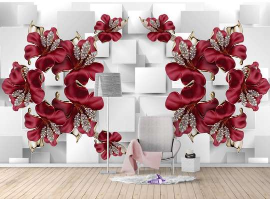 3D Wallpaper - Burgundy flowers on a white abstract background
