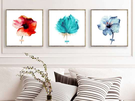 Poster - Watercolor flowers, 80 x 80 см, Framed poster on glass, Sets