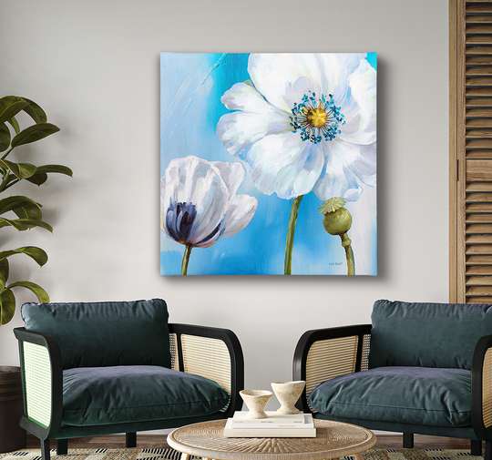 Постер - Белый цветок мака, 40 x 40 см, Холст на подрамнике, Прованс