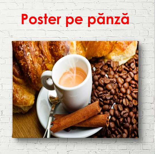 Постер - Вкусный кофе с кофейными зернами, 90 x 60 см, Постер в раме, Еда и Напитки