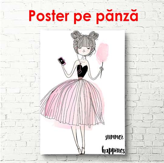 Постер - Нарисованная девочка в розовой юбке с зеркалом в руке, 60 x 90 см, Постер в раме, Для Детей