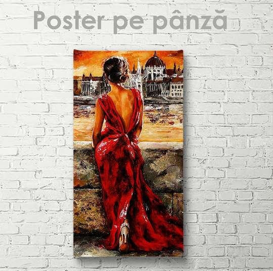 Poster - Domnișoara misterioasă în rochie roșie, 30 x 90 см, Panza pe cadru