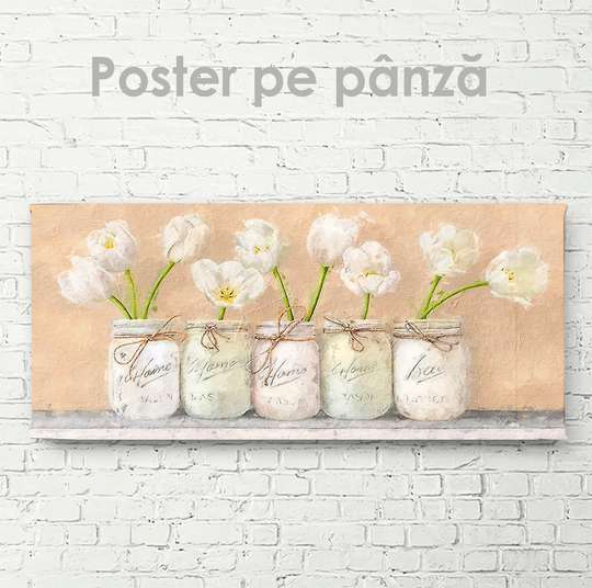 Poster - White tulips in vases, 60 x 30 см, Canvas on frame