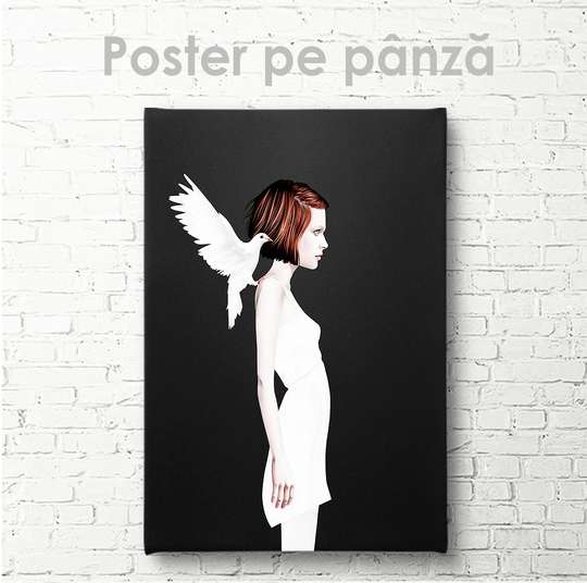 Постер - Девушка и белый голубь, 30 x 45 см, Холст на подрамнике