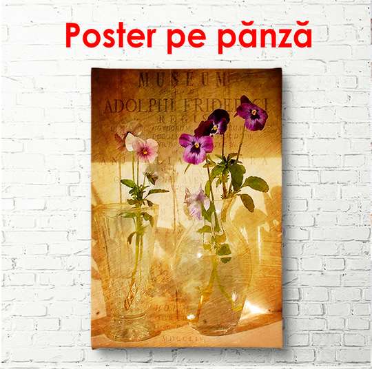 Постер - Фиолетовый весенние цветы в вазе на столе, 60 x 90 см, Постер в раме