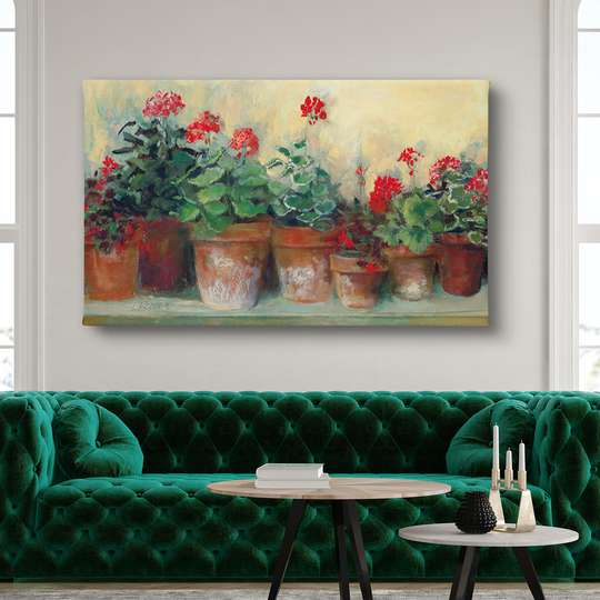 Постер - Горшки с красными цветами на подоконнике, 90 x 45 см, Постер в раме, Прованс