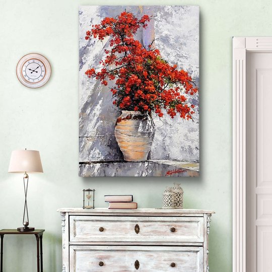 Poster, Flori roșii într-o vază, Panza pe cadru