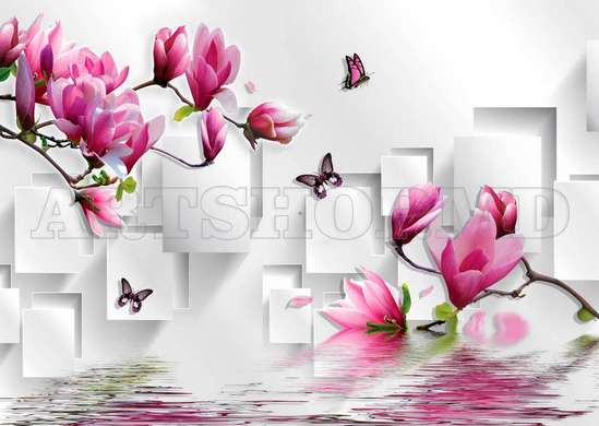 Wall Mural - Pink flowers and butterflies on an abstract background