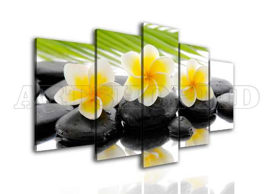 Modular picture, Yellow flowers on black stones., 206 x 115