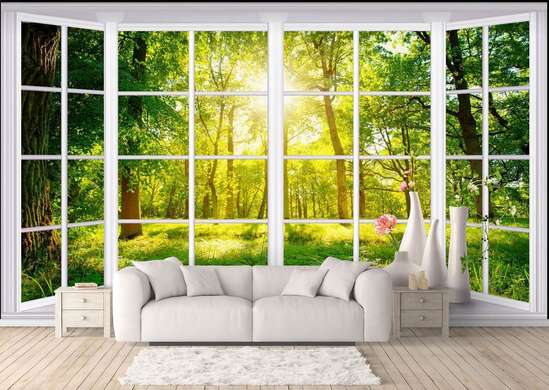 Wall Mural - White window overlooking green trees.