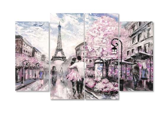 Модульная картина, Влюбленная пара в весеннем Париже, 106 x 60, 106 x 60