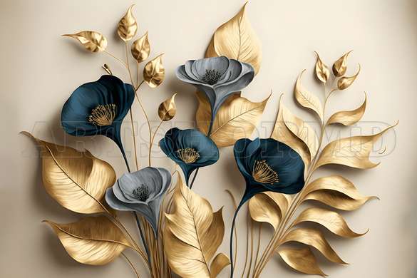 Модульная картина, Blue flowers with golden leaves, 206 x 115