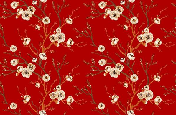 Wall Mural - Twigs with flowers on a red background
