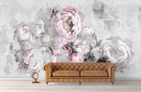 Wall Mural - Delicate peonies on a gray background