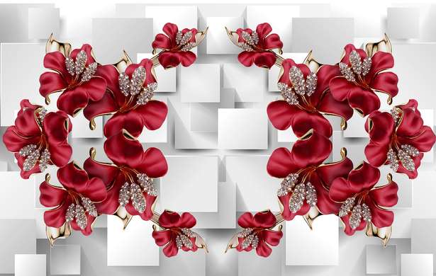 3Д Фотообои - Бордовые цветы на белом абстрактном фоне