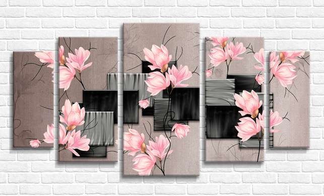 Tablou Pe Panza Multicanvas, Flori și cuburi de magnolie roz pe un fundal abstract, 108 х 60