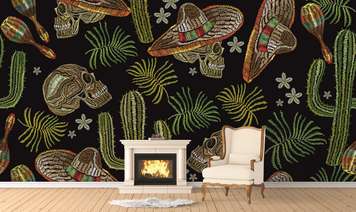 Wall Mural - Seamless print of cacti and skulls on a black background