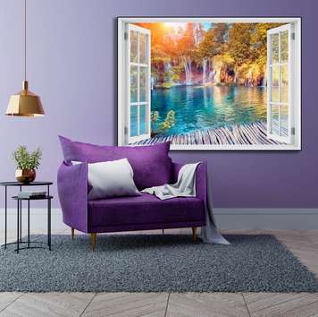 Wall Sticker - Window overlooking the cascade at sunset, Window imitation