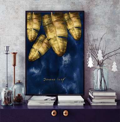 Poster - Frunze de aur pe un fundal albastru, 60 x 90 см, Poster înrămat, Glamour