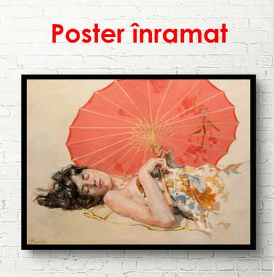 Постер - Китаянка с красным зонтиком, 90 x 60 см, Постер в раме, Разные