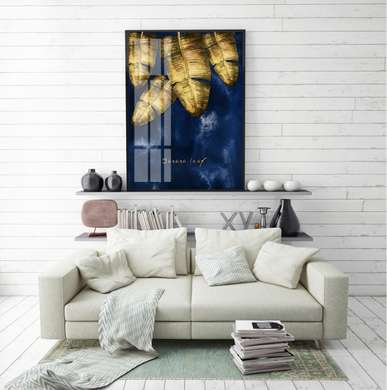 Poster - Frunze de aur pe un fundal albastru, 60 x 90 см, Poster înrămat, Glamour