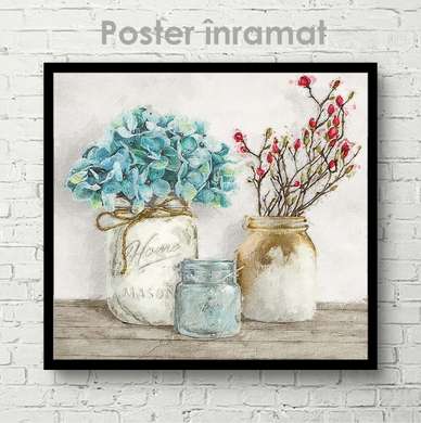 Poster - Flori smulticolore în vaze, 40 x 40 см, Panza pe cadru, Flori