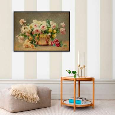 Постер - Полевые цветы в корзинке на столе, 90 x 60 см, Постер в раме, Натюрморт