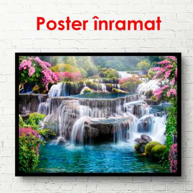 Poster - Purple flowers near the waterfall, 90 x 60 см, Framed poster