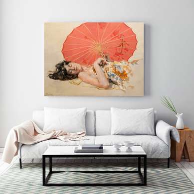 Poster - Chinese woman with red umbrella, 90 x 60 см, Framed poster, Different