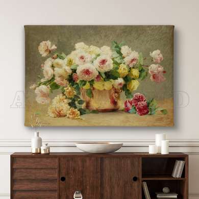 Постер - Полевые цветы в корзинке на столе, 90 x 60 см, Постер в раме, Натюрморт