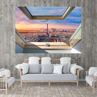 Наклейка на стену - 3Д окно с видом на розовое небо в Париже, Имитация окна, 130 х 85