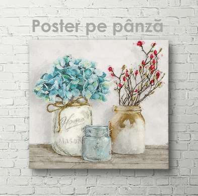 Poster - Flori smulticolore în vaze, 40 x 40 см, Panza pe cadru, Flori