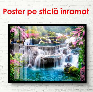 Poster - Flori purpurii în apropierea cascadei, 90 x 60 см, Poster înrămat, Natură