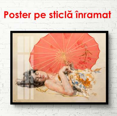 Poster - Femeia chineză cu o umbrelă roșie, 90 x 60 см, Poster înrămat