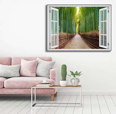 Наклейка на стену - Окно с видом на бамбуковый лес, Имитация окна, 130 х 85