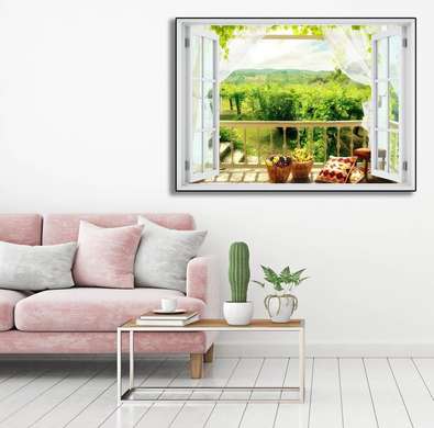 Stickere pentru pereți - Fereastra cu vedere spre o grădină înverzită, Imitarea Ferestrei, 130 х 85
