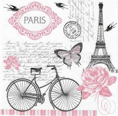 Poster - Eiffel Tower with pink butterflies, 100 x 100 см, Framed poster on glass, Provence