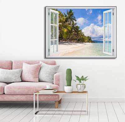 Наклейка на стену - 3D-окно с видом на море на закате, Имитация окна, 130 х 85