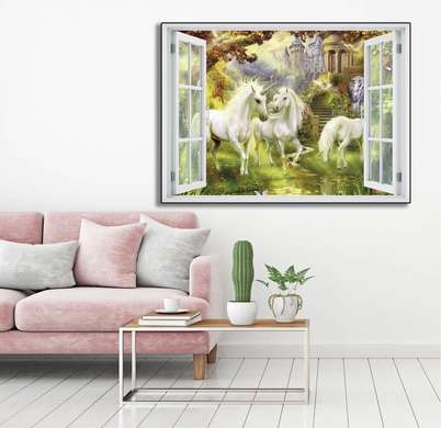 Stickere pentru pereți - Fereastra cu vedere spre o grădină cu unicorni, Imitarea Ferestrei, 130 х 85
