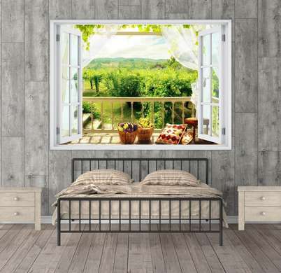 Наклейка на стену - Окно с видом на зеленый сад, Имитация окна, 130 х 85