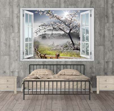 Наклейка на стену - Окно с видом на дерево в горах, Имитация окна, 130 х 85
