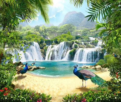 Screen - Paradise Island with a blue peacock., 3