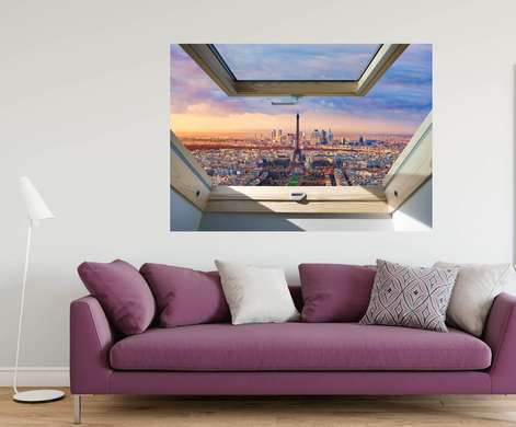 Stickere pentru pereți - Fereastra 3D cu vedere la cerul roz din Paris, Imitarea Ferestrei, 130 х 85