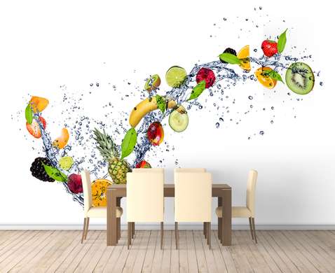 Wall Mural - Fruits in water on a white background