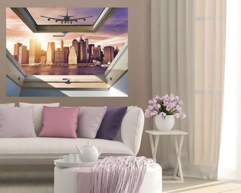 Наклейка на стену - 3D-окно с видом на закат, Имитация окна, 130 х 85