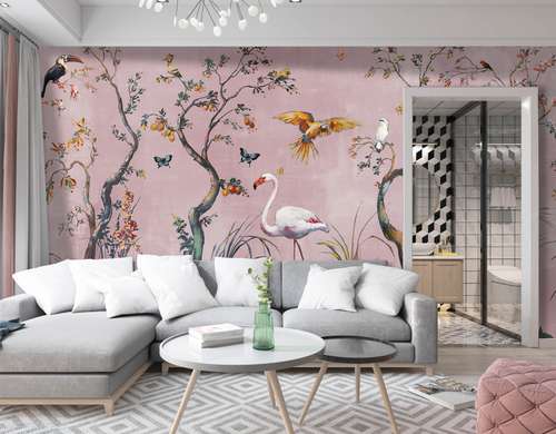 Фотообои - Фламинго и тропические птицы и деревья на розовом фоне
