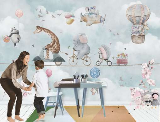 Nursery Wall Mural - Cute animals on bicycles on a blue background